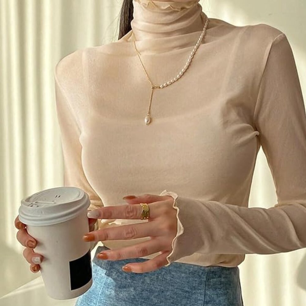 Cowl Neck Mesh Long Sleeve Top NEW